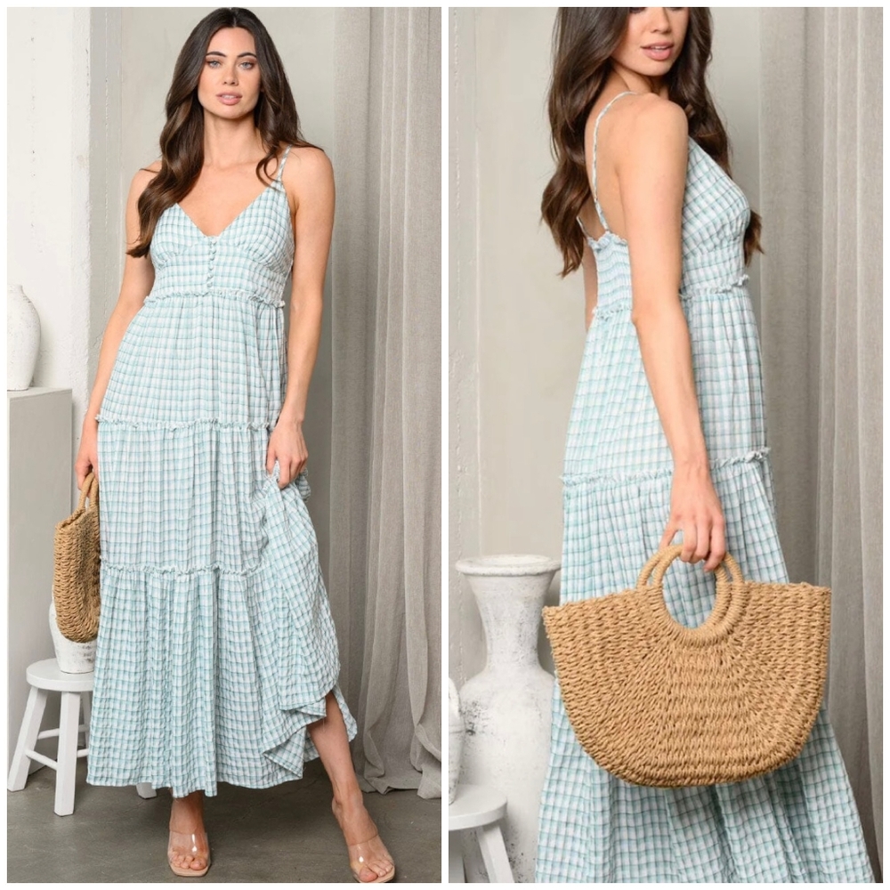 Mint Choco Light Teal Plaid Tiered Maxi Dress - Picture 6 of 7